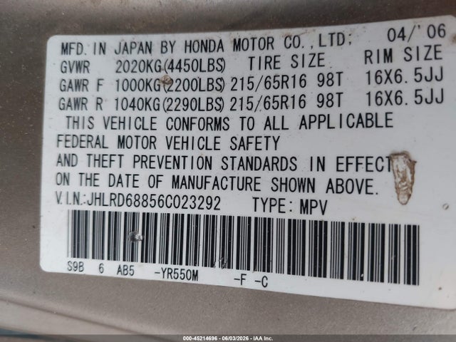Продажа на аукционе авто 2006 Honda Cr-v Ex, vin: JHLRD68856C023292, номер лота: 45214696
