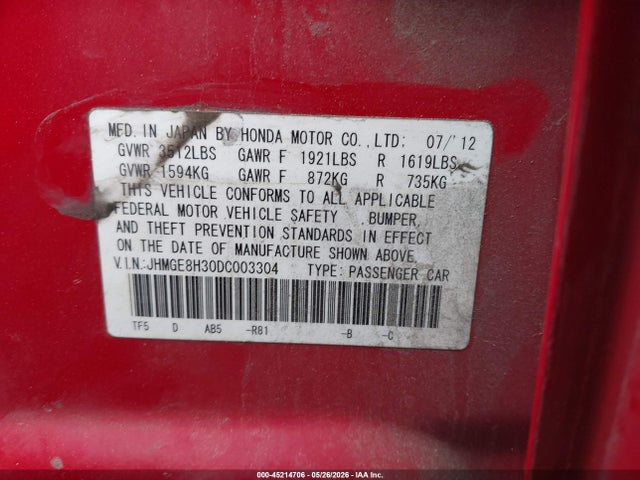 Продаж на аукціоні авто 2013 Honda Fit, vin: JHMGE8H30DC003304, номер лоту: 45214706