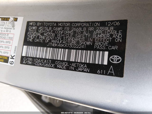 45214710 :رقم المزاد ، JTNBK46KX73022241 vin ، 2007 Toyota Camry Xle V6 مزاد بيع