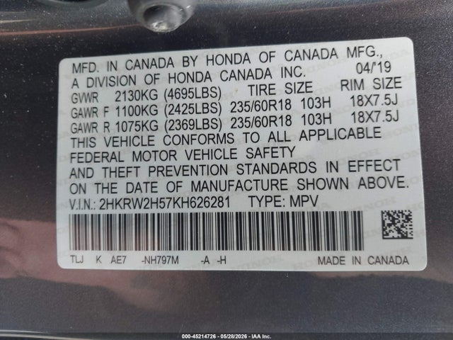 Aukcja sprzedaży 2019 Honda Cr-v Ex, vin: 2HKRW2H57KH626281, numer aukcji: 45214726