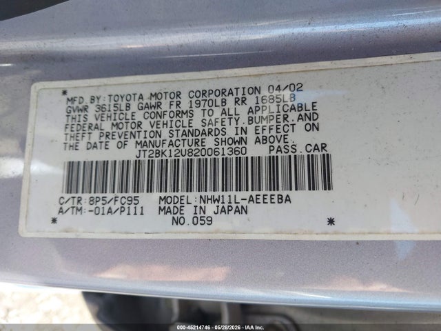 45214746 :رقم المزاد ، JT2BK12U820061360 vin ، 2002 Toyota Prius مزاد بيع