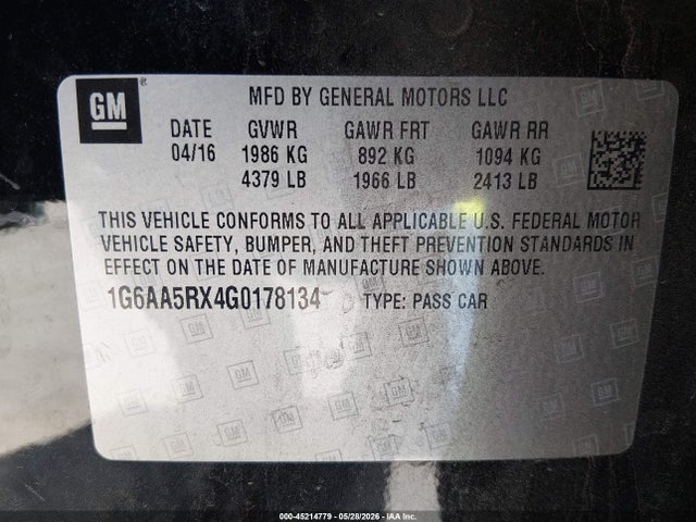 2016 Cadillac Ats Standard მანქანა იყიდება აუქციონზე, vin: 1G6AA5RX4G0178134, აუქციონის ნომერი: 45214779