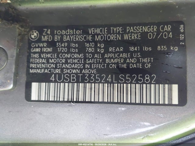 2004 Bmw Z4 2.5i მანქანა იყიდება აუქციონზე, vin: 4USBT33524LS52582, აუქციონის ნომერი: 45214790