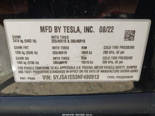Aukcja sprzedaży 2022 Tesla Model S Dual Motor All-wheel Drive, vin: 5YJSA1E53NF490913, numer aukcji: 45214798