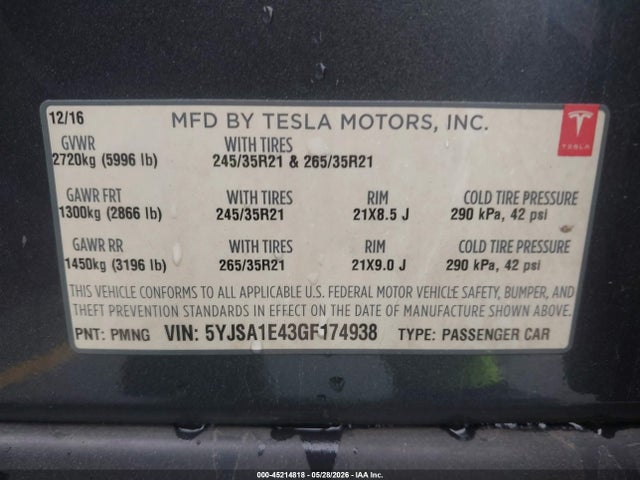 Tesla MODEL S 2016 5YJSA1E43GF174938 Image 8