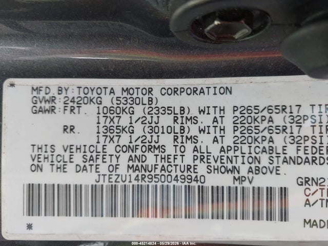 2005 Toyota 4runner Sr5 V6 მანქანა იყიდება აუქციონზე, vin: JTEZU14R950049940, აუქციონის ნომერი: 45214824