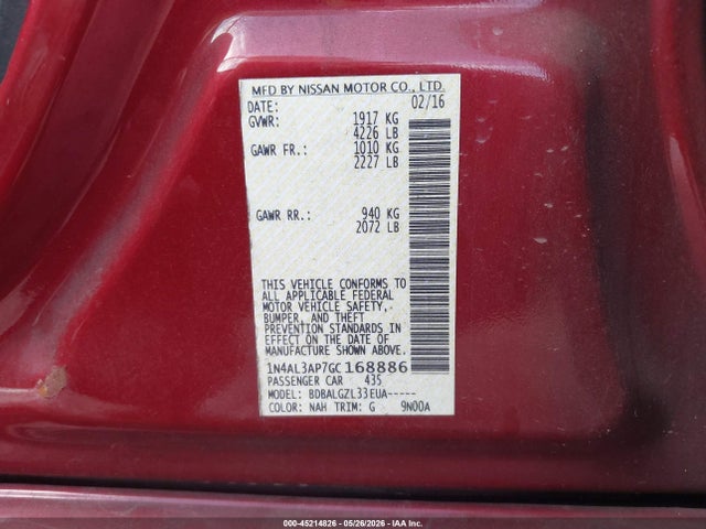 45214826 :رقم المزاد ، 1N4AL3AP7GC168886 vin ، 2016 Nissan Altima 2.5/2.5 S/2.5 Sl/2.5 Sr/2.5 Sv مزاد بيع