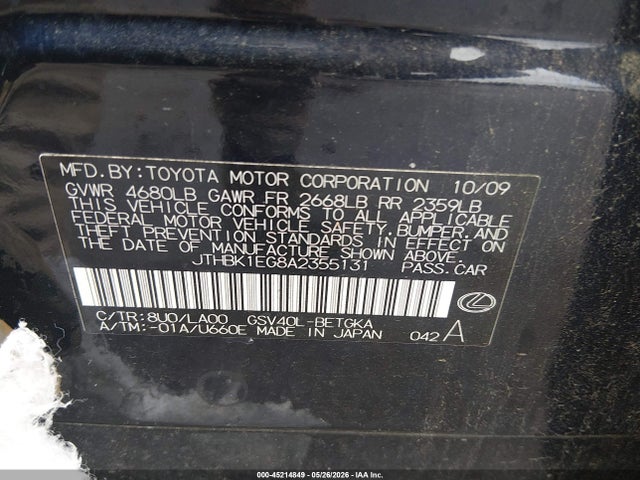 Продаж на аукціоні авто 2010 Lexus Es 350, vin: JTHBK1EG8A2355131, номер лоту: 45214849