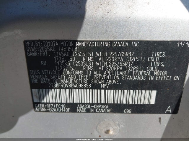 Продаж на аукціоні авто 2011 Toyota Rav4, vin: 2T3BF4DV8BW098858, номер лоту: 45214851