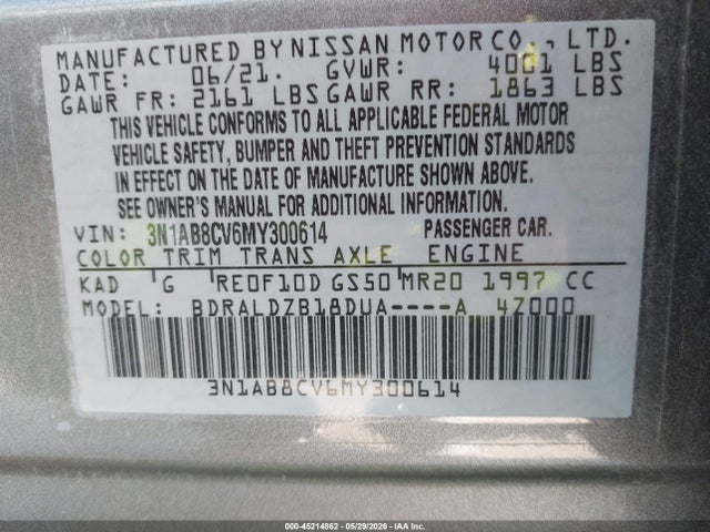 3N1AB8CV6MY300614 Nissan Sentra Sv Xtronic Cvt
