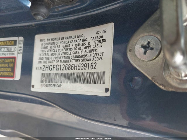 2006 Honda Civic Lx მანქანა იყიდება აუქციონზე, vin: 2HGFG12686H539162, აუქციონის ნომერი: 45214881