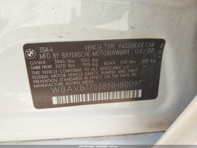 Продажа на аукционе авто 2008 Bmw 335i, vin: WBAVB77538NH80097, номер лота: 45214886