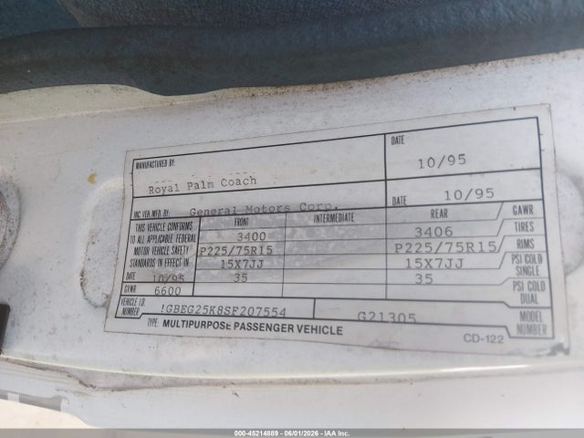 Aukcja sprzedaży 1995 Chevrolet G20, vin: 1GBEG25K8SF207554, numer aukcji: 45214889
