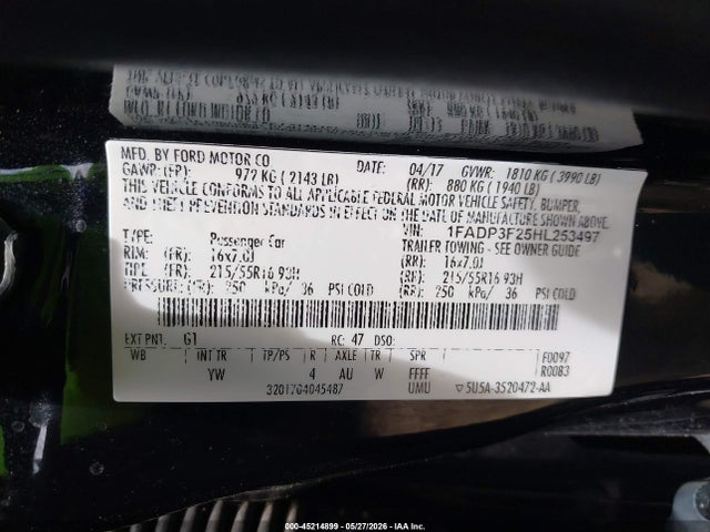 45214899 :رقم المزاد ، 1FADP3F25HL253497 vin ، 2017 Ford Focus Se مزاد بيع