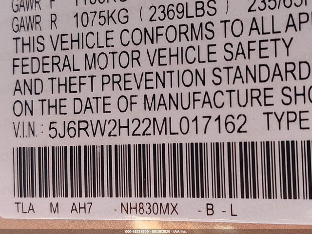 2021 Honda Cr-v Awd Lx მანქანა იყიდება აუქციონზე, vin: 5J6RW2H22ML017162, აუქციონის ნომერი: 45214909