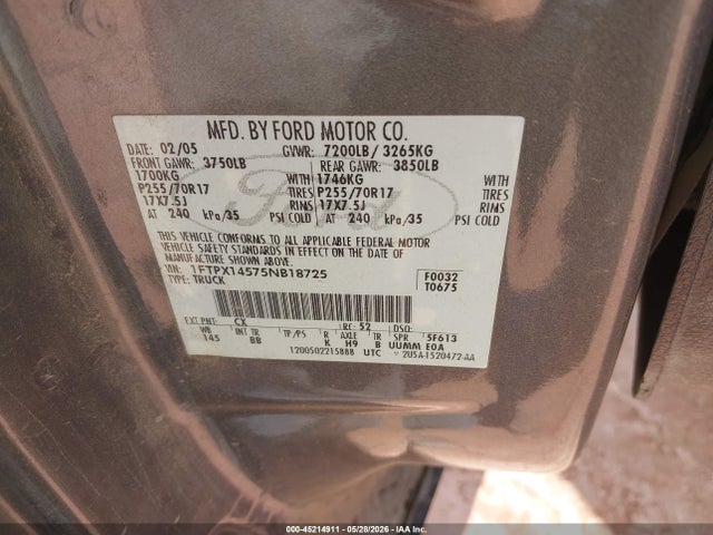 Aukcja sprzedaży 2005 Ford F-150 Fx4/lariat/xl/xlt, vin: 1FTPX14575NB18725, numer aukcji: 45214911