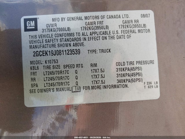 Aukcja sprzedaży 2008 Chevrolet Silverado 1500 Lt1, vin: 2GCEK19J081123539, numer aukcji: 45214931