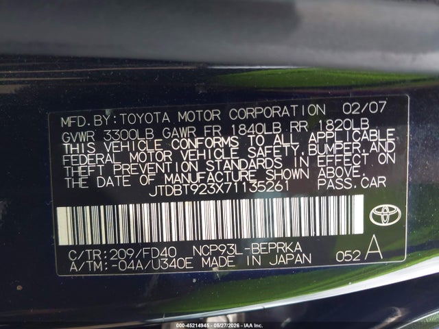 Продаж на аукціоні авто 2007 Toyota Yaris, vin: JTDBT923X71135261, номер лоту: 45214945