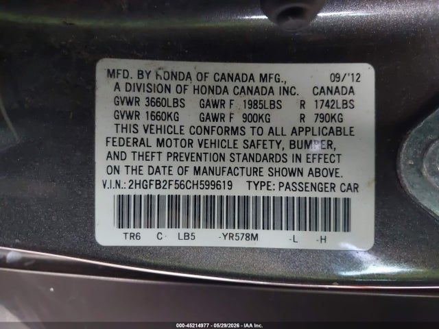 Продаж на аукціоні авто 2012 Honda Civic Lx, vin: 2HGFB2F56CH599619, номер лоту: 45214977