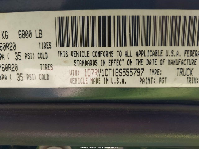 45214980 :رقم المزاد ، 1D7RV1CT1BS555797 vin ، 2011 Ram Ram 1500 Laramie مزاد بيع
