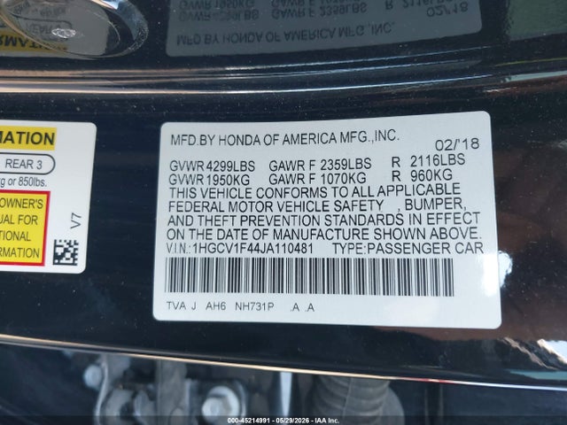 Продаж на аукціоні авто 2018 Honda Accord Ex, vin: 1HGCV1F44JA110481, номер лоту: 45214991