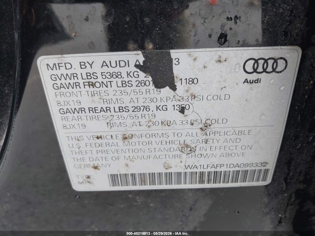 45215013 :رقم المزاد ، WA1LFAFP1DA099332 vin ، 2013 Audi Q5 2.0t Premium مزاد بيع