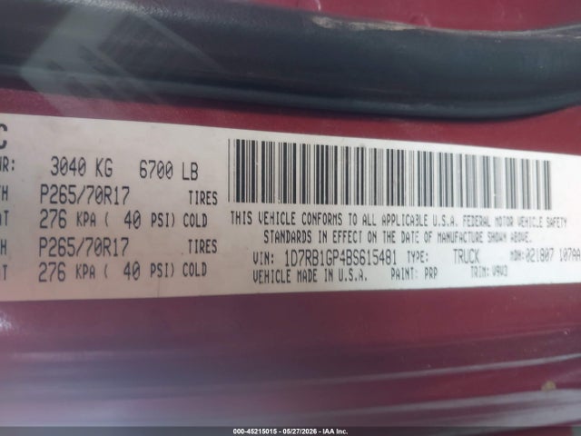 Продаж на аукціоні авто 2011 Ram Ram 1500 St, vin: 1D7RB1GP4BS615481, номер лоту: 45215015