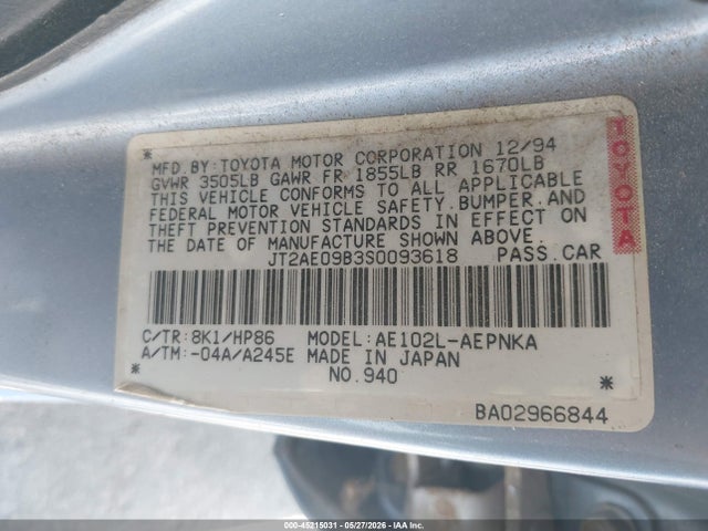 45215031 :رقم المزاد ، JT2AE09B3S0093618 vin ، 1995 Toyota Corolla Le/dx مزاد بيع
