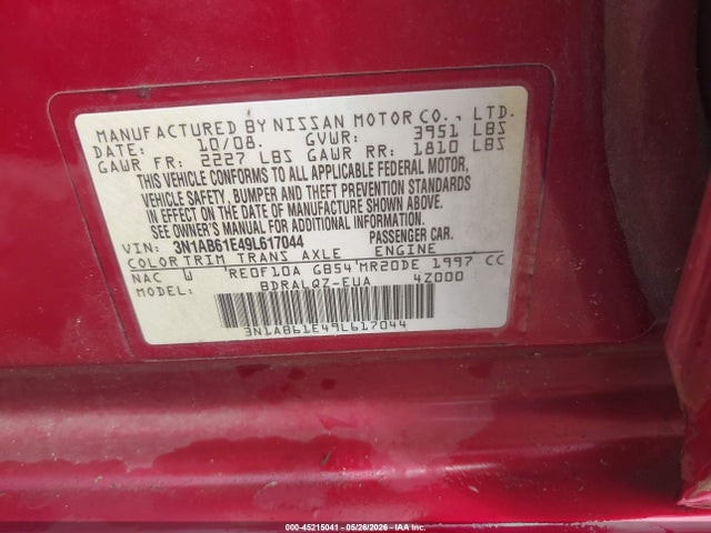 45215041 :رقم المزاد ، 3N1AB61E49L617044 vin ، 2009 Nissan Sentra 2.0 مزاد بيع