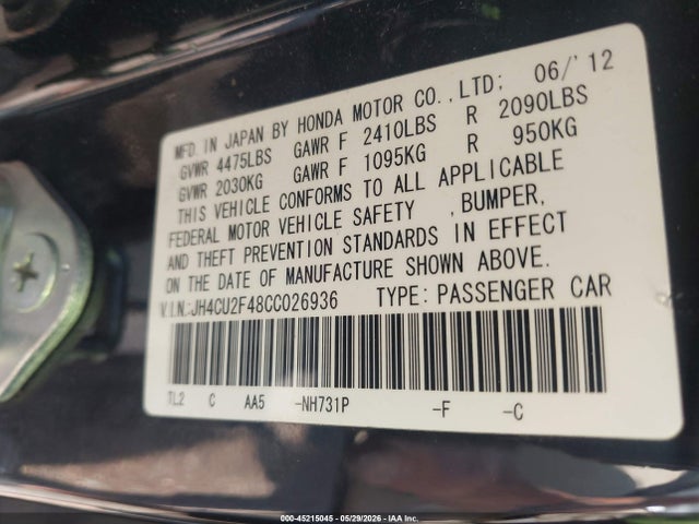 Aukcja sprzedaży 2012 Acura Tsx 2.4, vin: JH4CU2F48CC026936, numer aukcji: 45215045