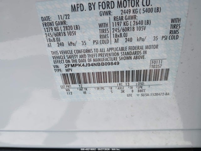 2022 Ford Edge Sel მანქანა იყიდება აუქციონზე, vin: 2FMPK4J94NBB09849, აუქციონის ნომერი: 45215052