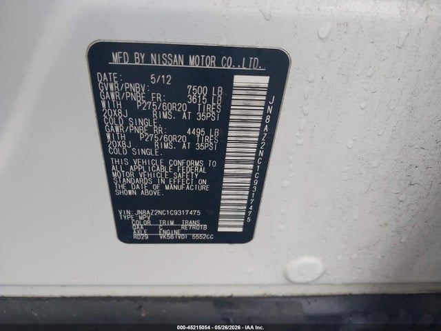 Aukcja sprzedaży 2012 Infiniti Qx56, vin: JN8AZ2NC1C9317475, numer aukcji: 45215054