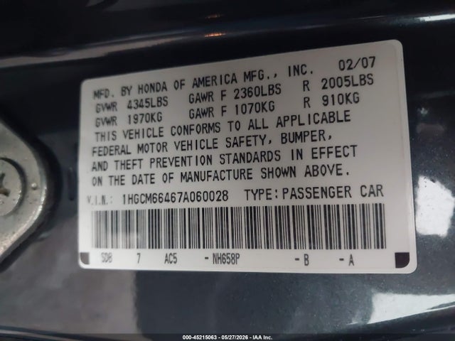 Продаж на аукціоні авто 2007 Honda Accord 3.0 Se, vin: 1HGCM66467A060028, номер лоту: 45215063