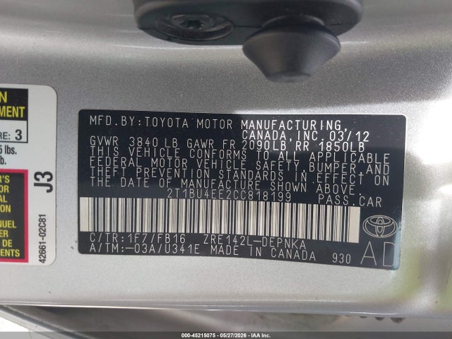 Auction sale of the 2012 Toyota Corolla Le, vin: 2T1BU4EE2CC818199, lot number: 45215075