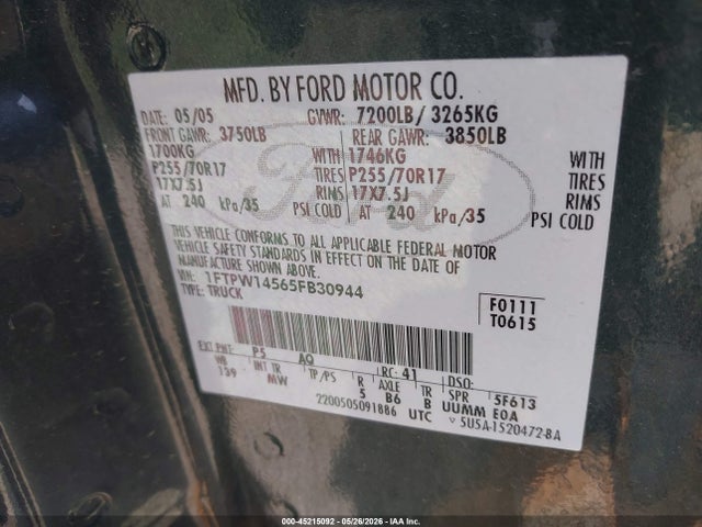 2005 Ford F-150 Fx4/lariat/xlt მანქანა იყიდება აუქციონზე, vin: 1FTPW14565FB30944, აუქციონის ნომერი: 45215092