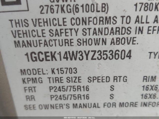 Aukcja sprzedaży 2000 Chevrolet Silverado 1500, vin: 1GCEK14W3YZ353604, numer aukcji: 45215103