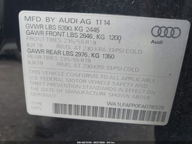 Aukcja sprzedaży 2015 Audi Q5 2.0t Premium, vin: WA1LFAFP0FA078328, numer aukcji: 45215109