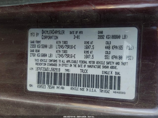 Продажа на аукционе авто 2001 Dodge Ram 2500 St, vin: 1B7KF23W51J582918, номер лота: 45215116