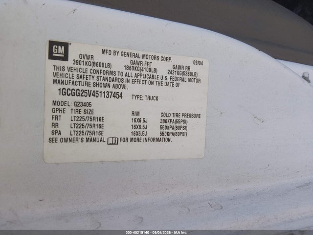 2005 Chevrolet Express მანქანა იყიდება აუქციონზე, vin: 1GCGG25V451137454, აუქციონის ნომერი: 45215140
