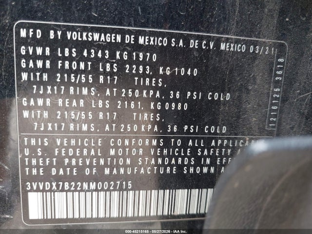 2022 Volkswagen Taos 1.5t S მანქანა იყიდება აუქციონზე, vin: 3VVDX7B22NM002715, აუქციონის ნომერი: 45215165