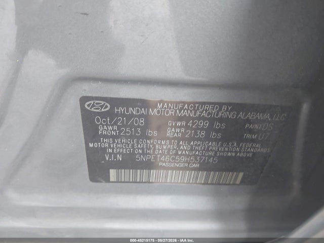 Aukcja sprzedaży 2009 Hyundai Sonata Gls, vin: 5NPET46C59H537145, numer aukcji: 45215175