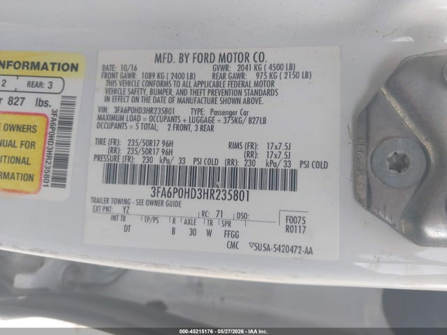 3FA6P0HD3HR235801 Ford FUSION SE