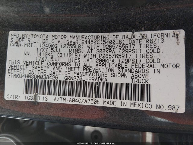 2013 Toyota Tacoma Prerunner V6 მანქანა იყიდება აუქციონზე, vin: 3TMKU4HN3DM038426, აუქციონის ნომერი: 45215177