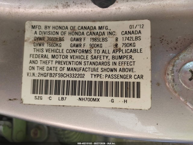 Продаж на аукціоні авто 2012 Honda Civic Lx, vin: 2HGFB2F59CH332202, номер лоту: 45215183