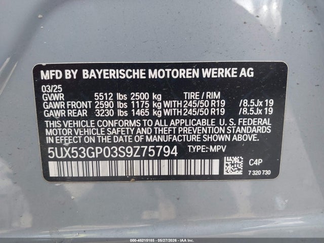 Продажа на аукционе авто 2025 Bmw X3 30 Xdrive, vin: 5UX53GP03S9Z75794, номер лота: 45215185