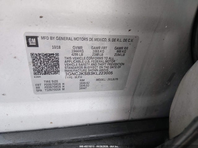 Aukcja sprzedaży 2019 Chevrolet Trax Ls, vin: 3GNCJKSB3KL223005, numer aukcji: 45215213