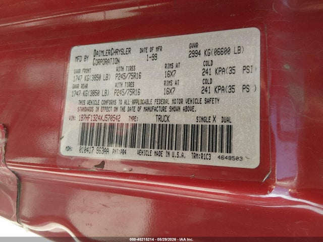 Aukcja sprzedaży 1999 Dodge Ram 1500 St, vin: 1B7HF13Z4XJ570542, numer aukcji: 45215214