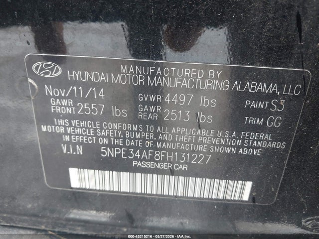 2015 Hyundai Sonata Limited მანქანა იყიდება აუქციონზე, vin: 5NPE34AF8FH131227, აუქციონის ნომერი: 45215216