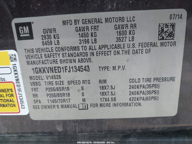 Продажа на аукционе авто 2015 Gmc Acadia Sle-1, vin: 1GKKVNED1FJ134543, номер лота: 45215219