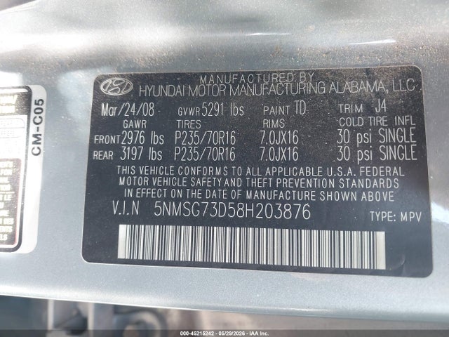 Продаж на аукціоні авто 2008 Hyundai Santa Fe Gls, vin: 5NMSG73D58H203876, номер лоту: 45215242